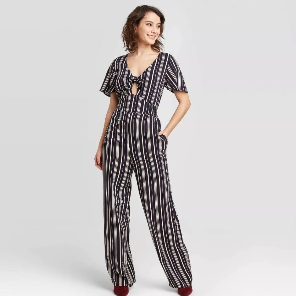 Navy Striped Short Sleeve Tie-Front Jumpsuit
